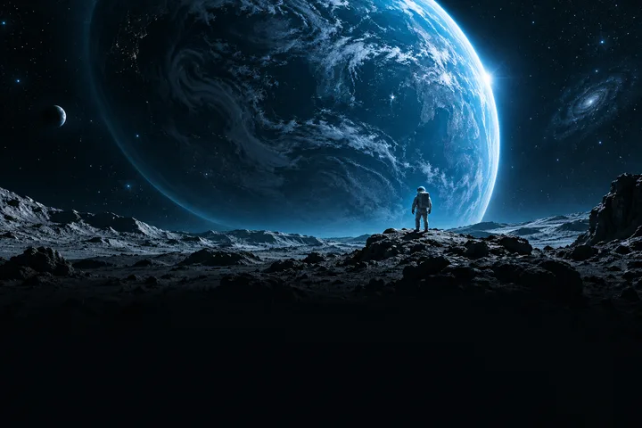 Mavi gezegenin önünde bir astronot; temsili illüstrasyon