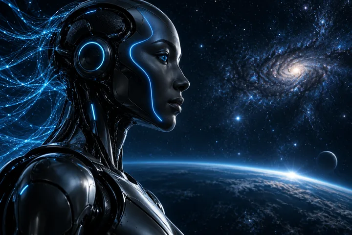 Uzay fonunda mavi ışıklı insansı robot; temsili illüstrasyon